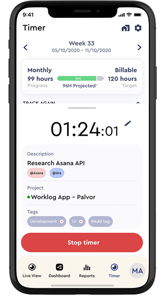 Worklog mobile timer screen